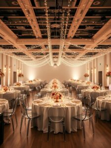 romantic wedding reception decor with fairy lights