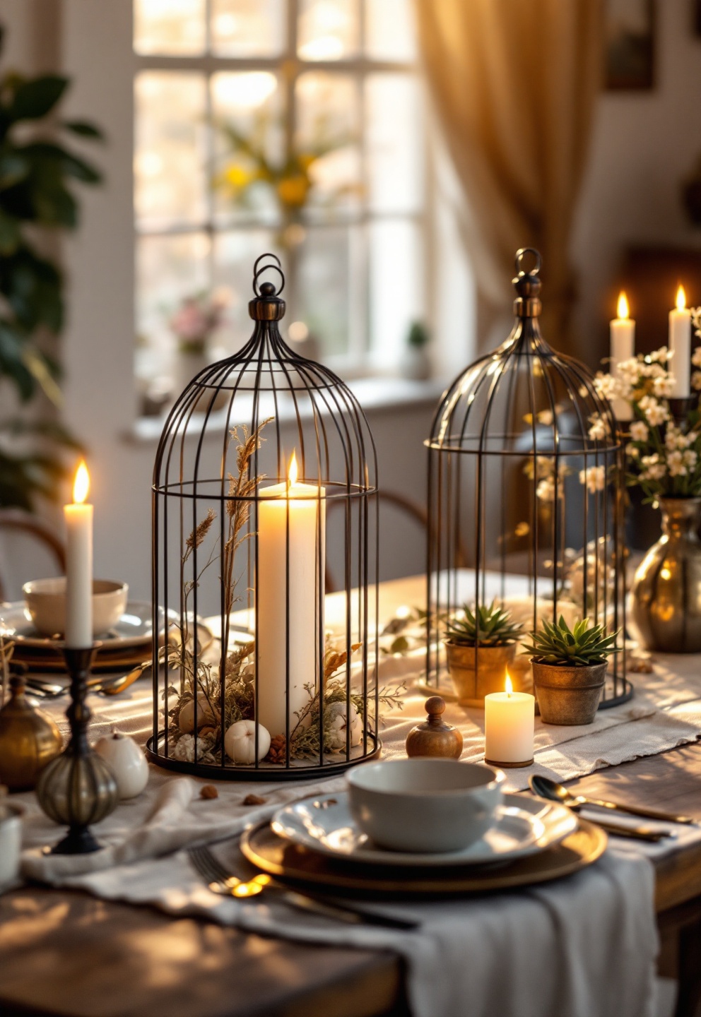 metal cloche set styled with fairy lights as evening centerpiece