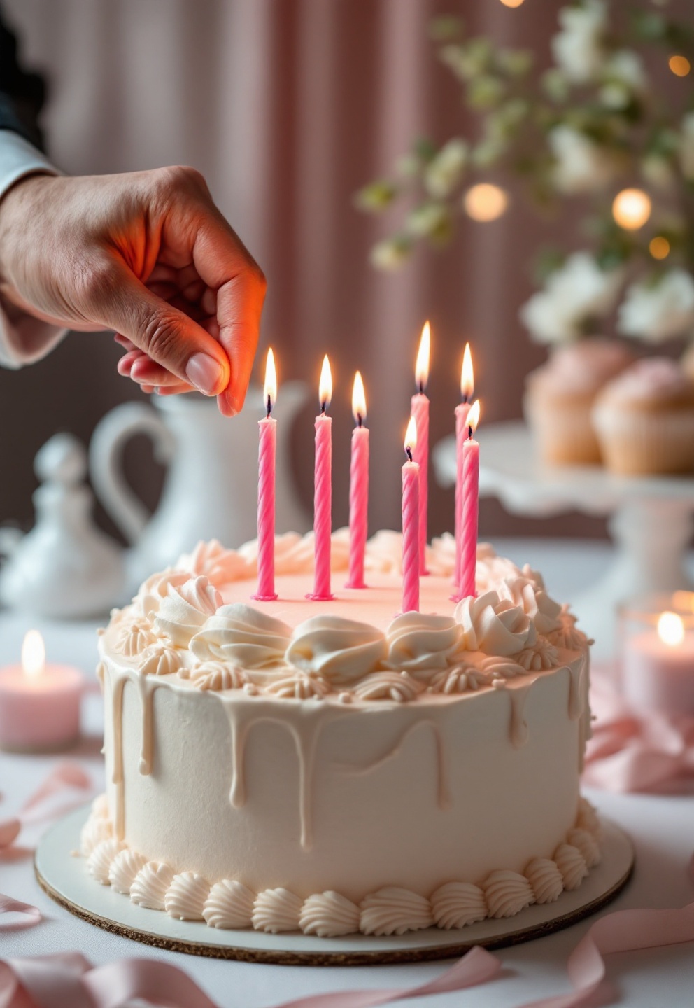 birthday candles - pink and gold candles arranged as cake decorations on dessert table