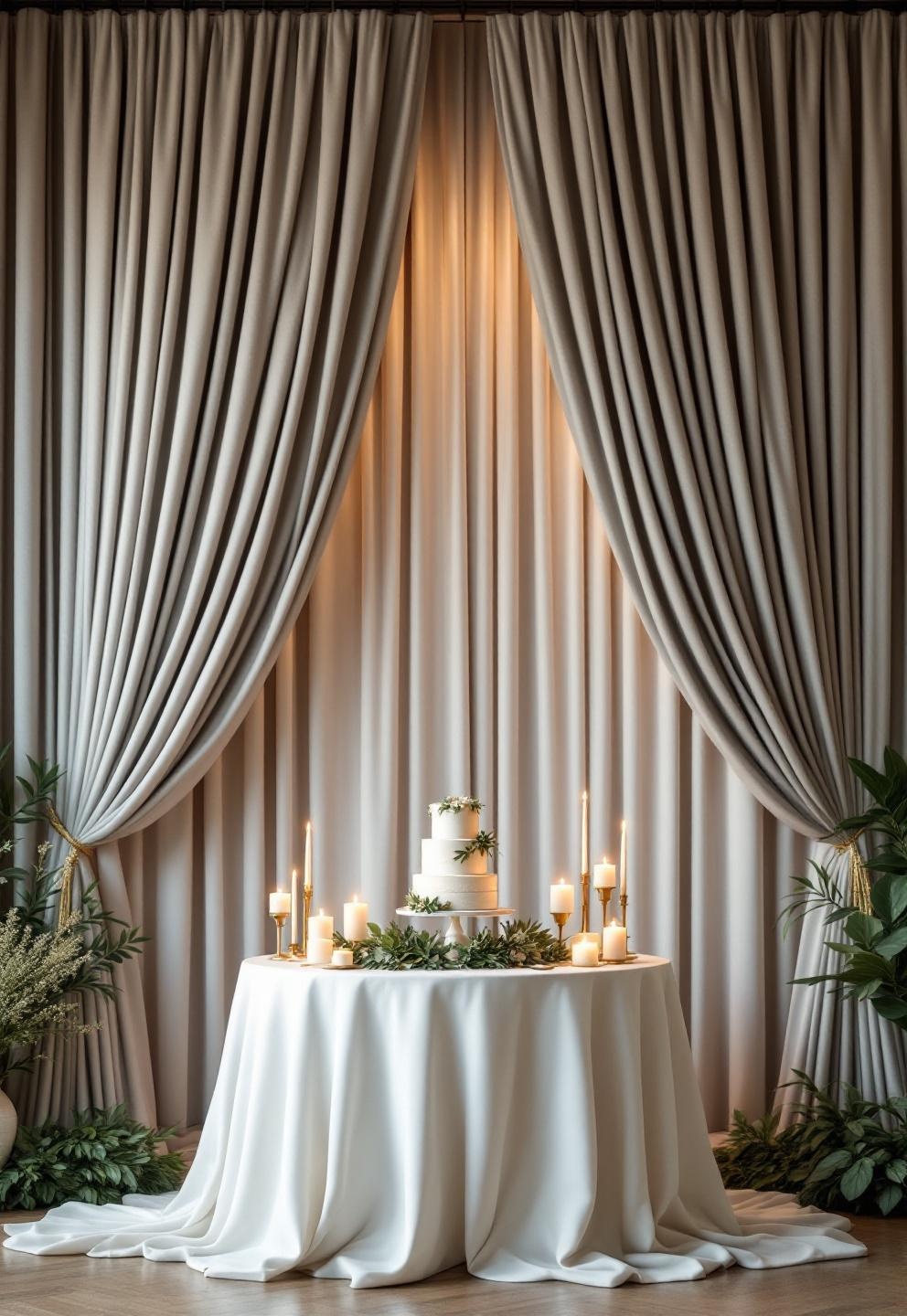 olive green backdrop drapes - serged edges and clean finish displayed at event