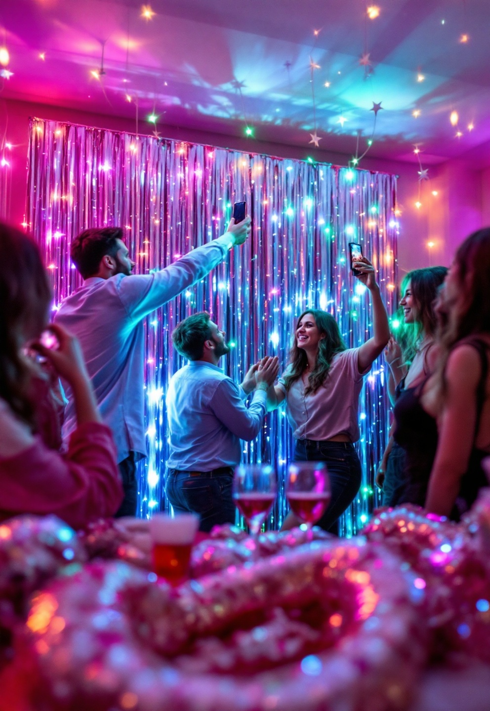 tinsel curtain used as a unicorn decorations backdrop for a birthday photo shoot