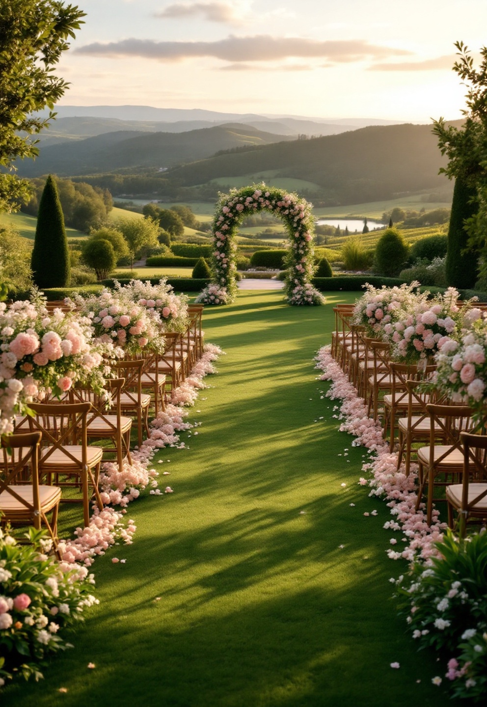 How to choose outdoor wedding venues without surprise fees 2 Garden wedding ceremony under a floral arbor with vineyard hills in the background