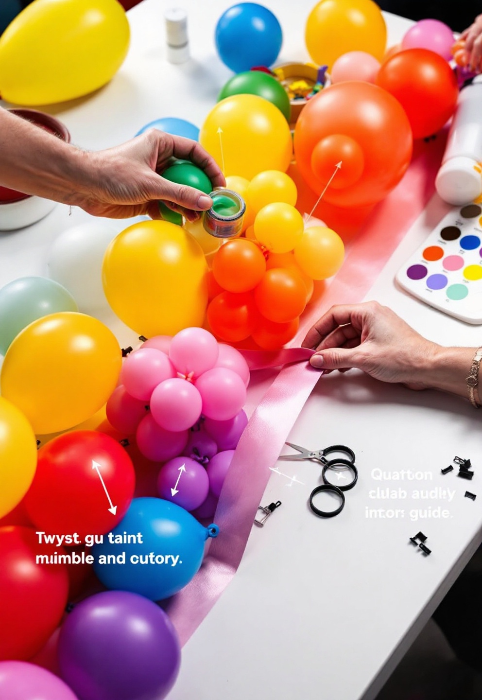 Schéma technique : progression des couleurs et clusters sur arche ballon arc en ciel DIY