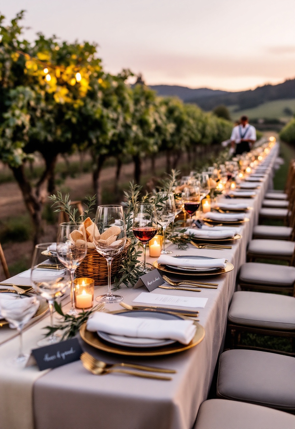 Vineyard wedding venues: What to budget, when to book 3 Elegant grape vineyard reception dinner set in autumn, showcasing candlelit tables among the vines
